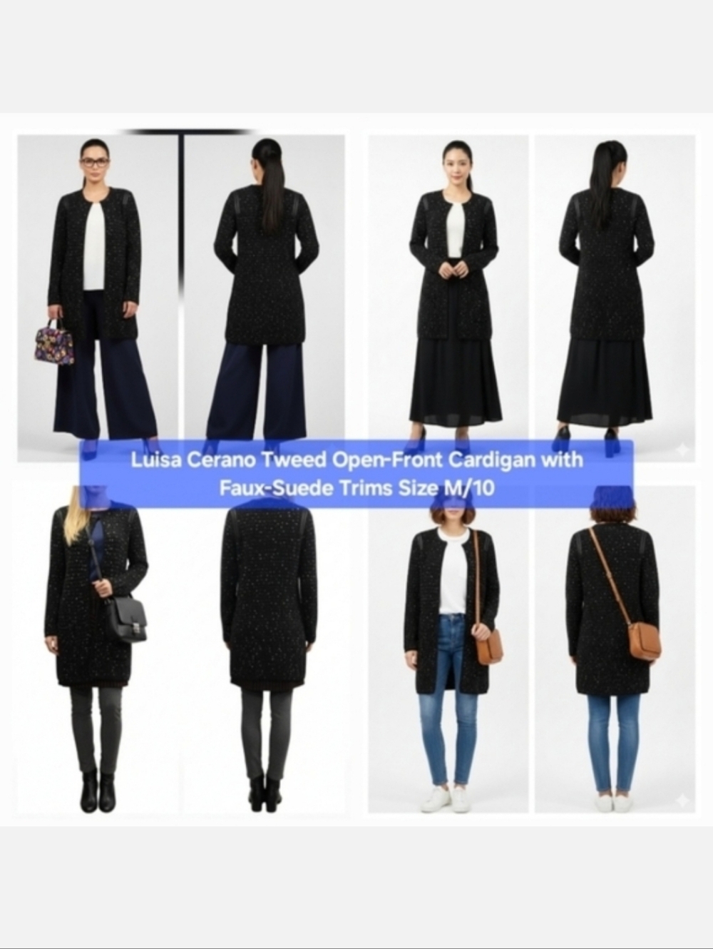 Luisa Cerano Tweed Open-Front Cardigan with Faux-Suede Trims Size M/10
